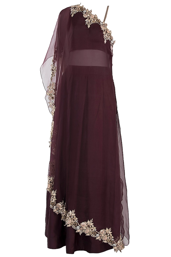 Wine embroidered cape with crop top and skirt by Pleats by Kaksha & Dimple