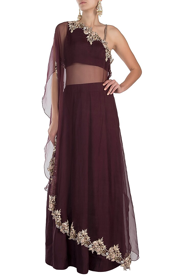 Wine embroidered cape with crop top and skirt by Pleats by Kaksha & Dimple at Pernia's Pop Up Shop