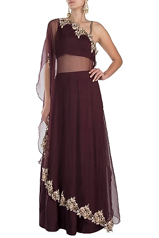 Wine embroidered cape with crop top and skirt by Pleats by Kaksha & Dimple