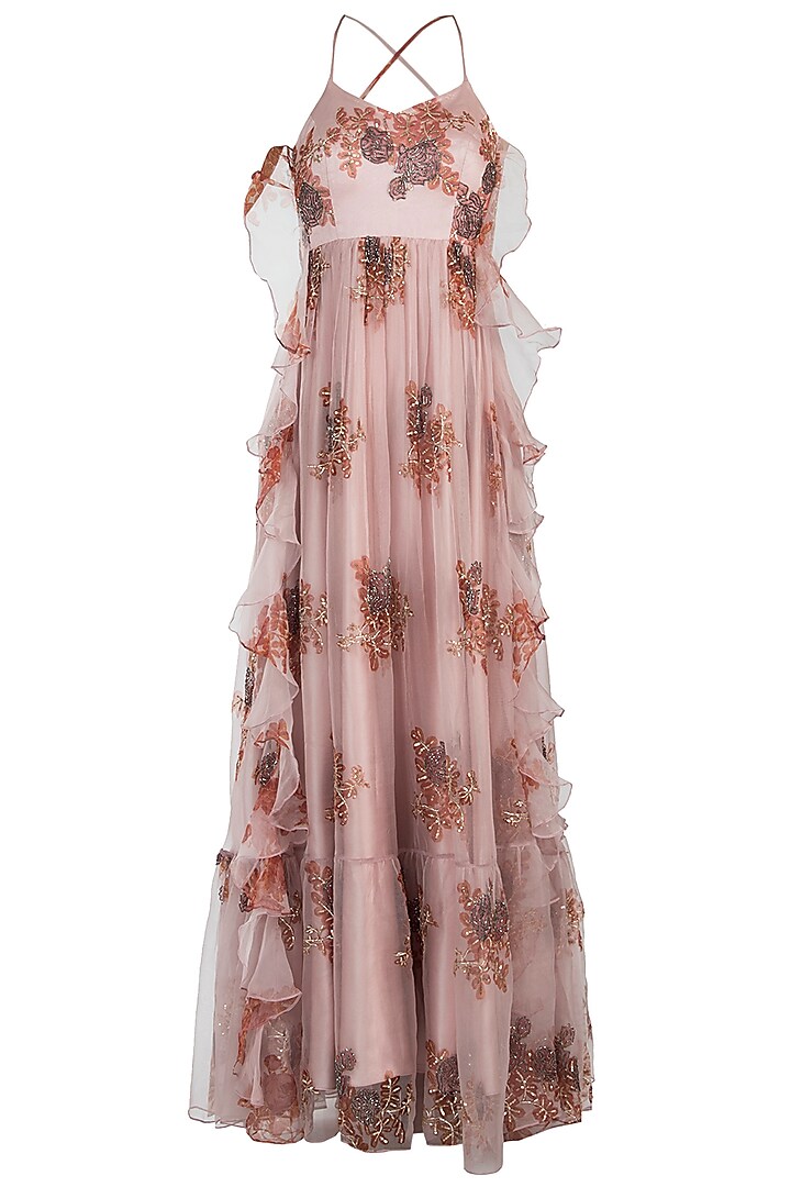 Pink embroidered printed gown by Pleats by Kaksha & Dimple