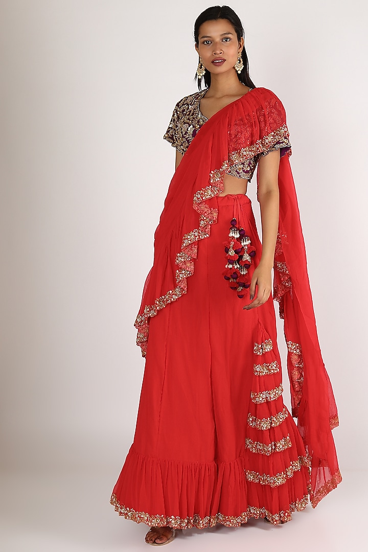 Red Embroidered Lehenga Set by Peppermint Diva