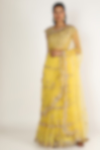 Yellow Embroidered Lehenga Saree Set by Peppermint Diva