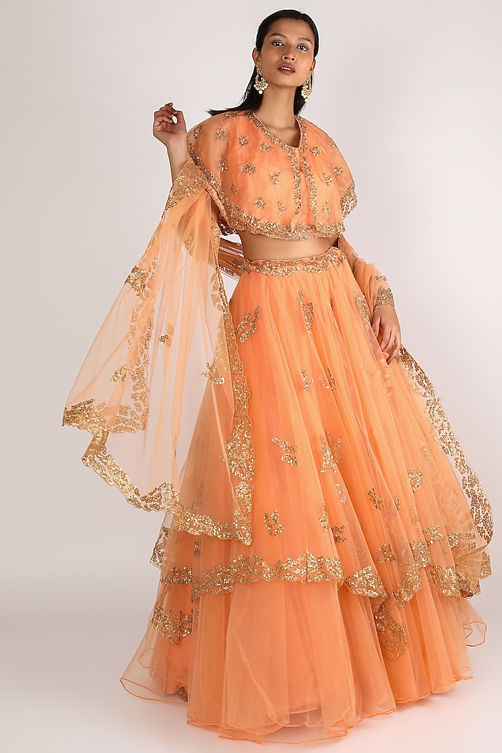 Peach Embroidered Lehenga Set by Peppermint Diva