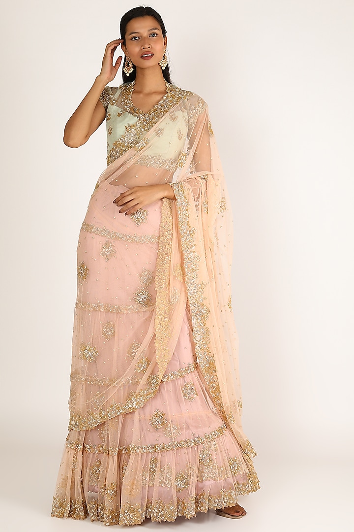 Blush Pink & Blue Embroidered Lehenga Saree Set by Peppermint Diva