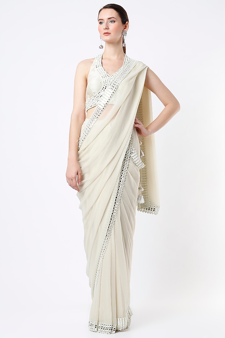 Cream Embroidered Saree Set by Peppermint Diva