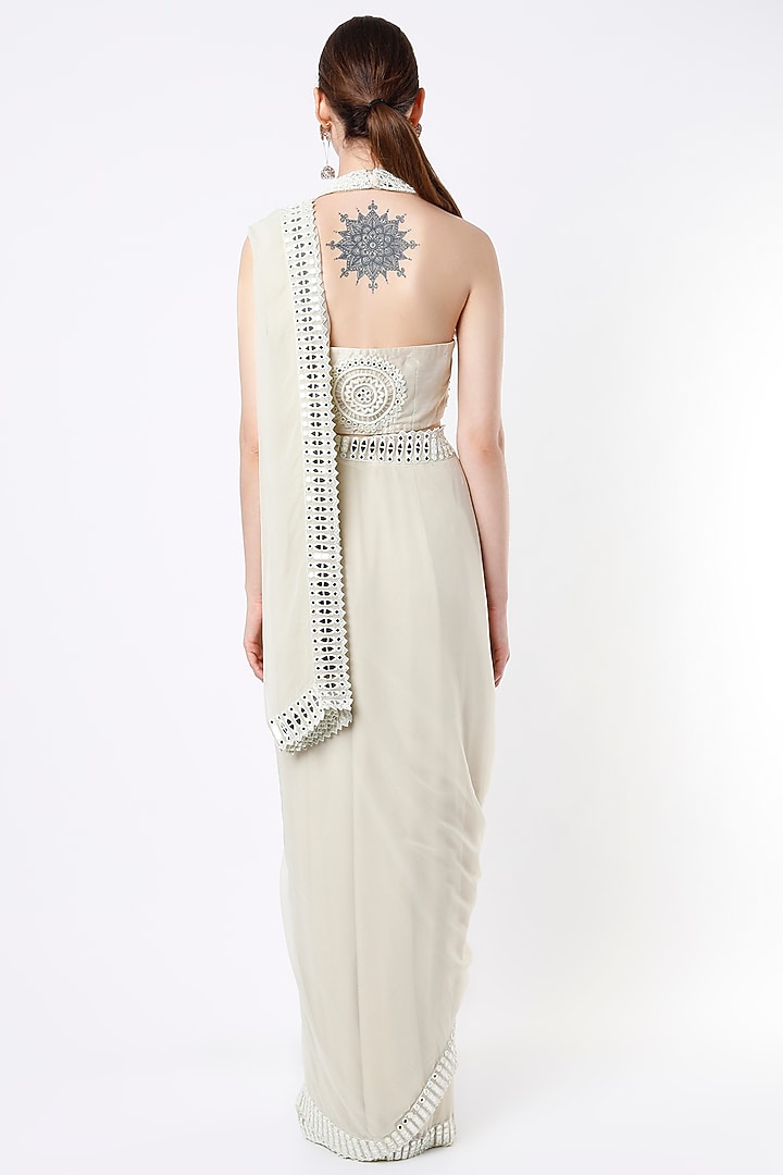 Cream Embroidered Wedding Saree Set by Peppermint Diva at Pernia's Pop Up Shop