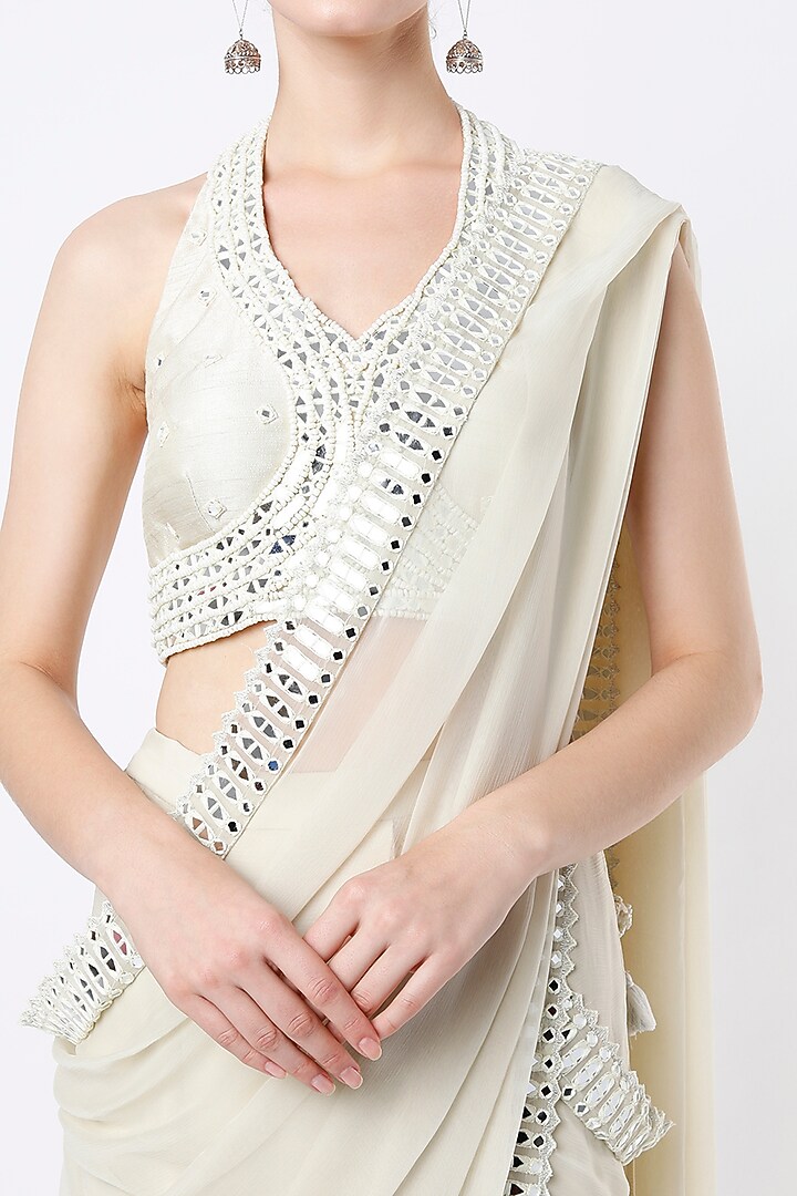 Cream Embroidered Wedding Saree Set by Peppermint Diva at Pernia's Pop Up Shop