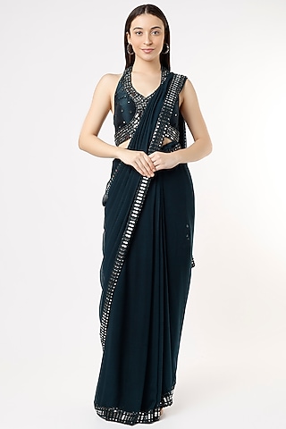 Bottle Green Embroidered Pre-Stitched Saree Set by Peppermint Diva