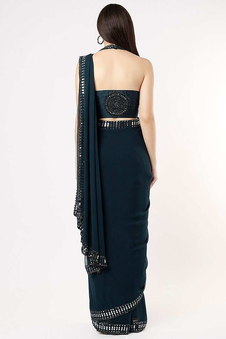Bottle Green Embroidered Pre-Stitched Wedding Saree Set by Peppermint Diva at Pernia's Pop Up Shop
