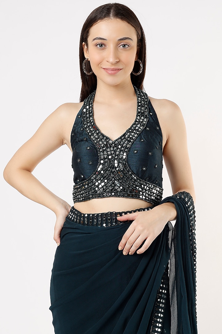 Bottle Green Embroidered Pre-Stitched Wedding Saree Set by Peppermint Diva at Pernia's Pop Up Shop