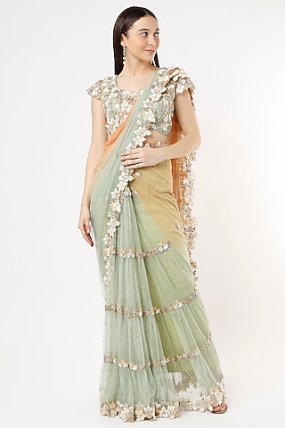 Turquoise & Peach Thread Embroidered Saree Set by Peppermint Diva
