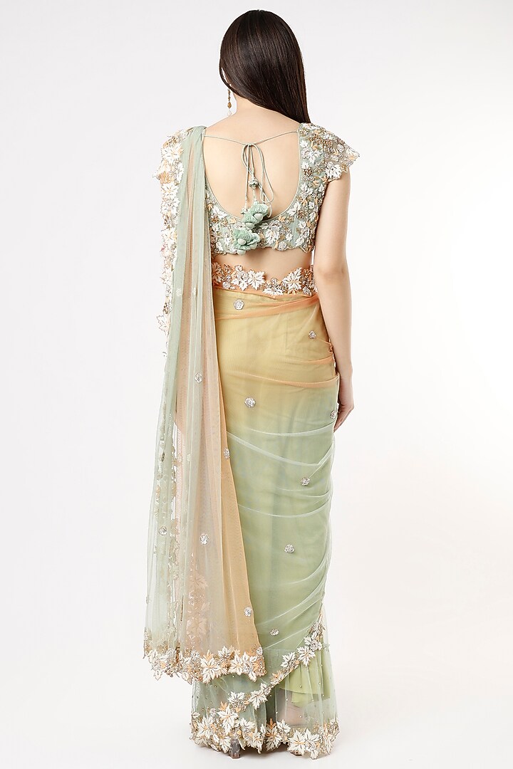 Turquoise & Peach Thread Embroidered Wedding Saree Set by Peppermint Diva at Pernia's Pop Up Shop