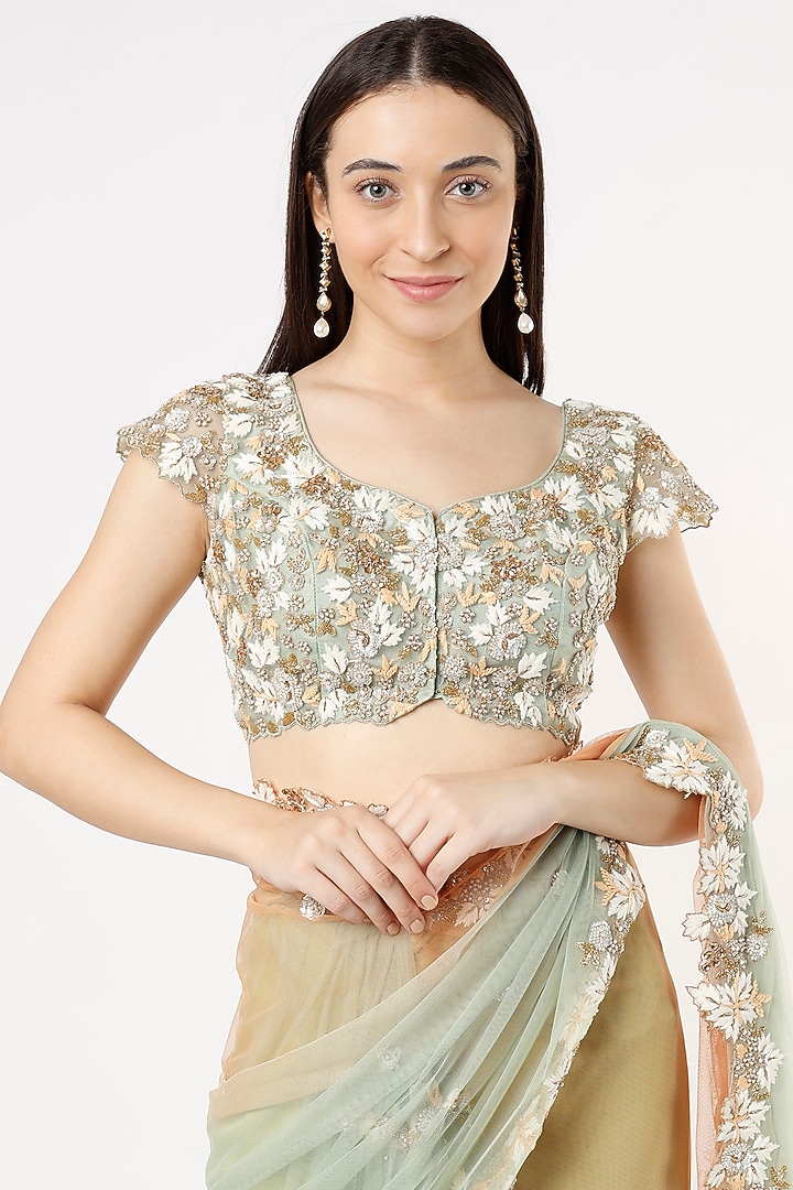 Turquoise & Peach Thread Embroidered Wedding Saree Set by Peppermint Diva at Pernia's Pop Up Shop