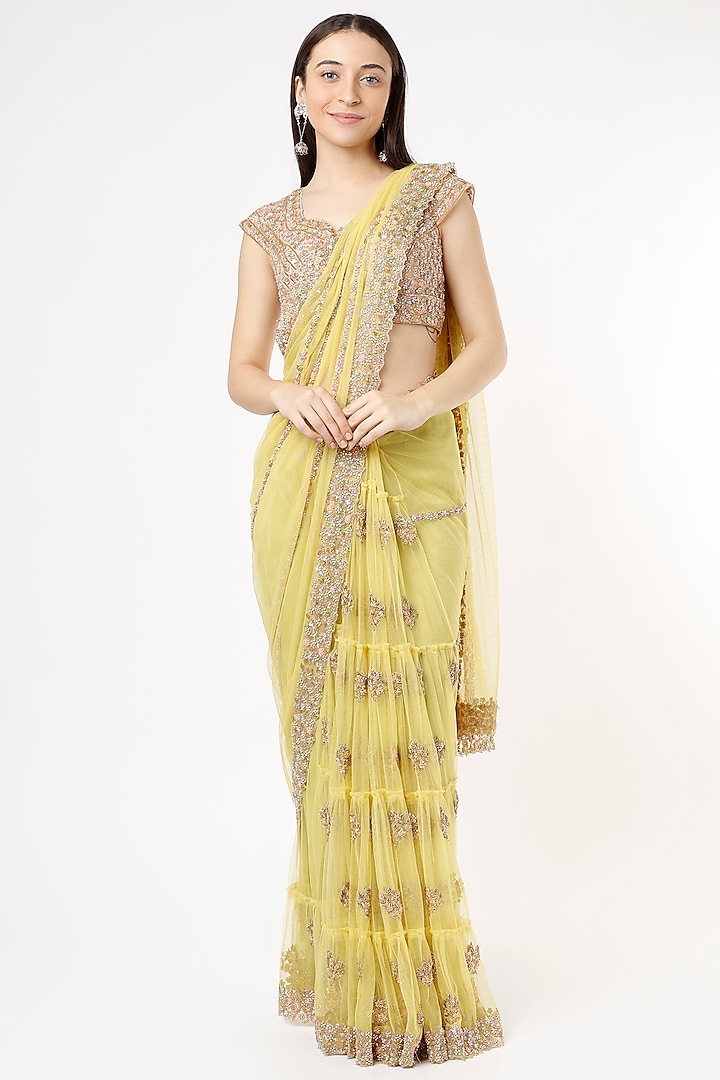 Yellow Embroidered Saree Set by Peppermint Diva