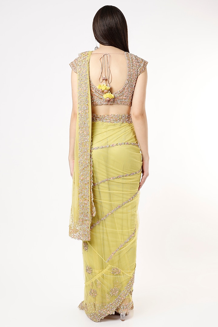 Yellow Embroidered Wedding Saree Set by Peppermint Diva at Pernia's Pop Up Shop