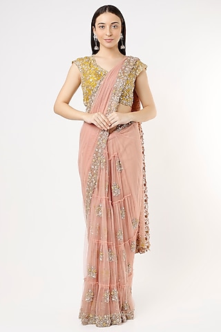 Blush Pink Zardosi Embroidered Saree Set by Peppermint Diva