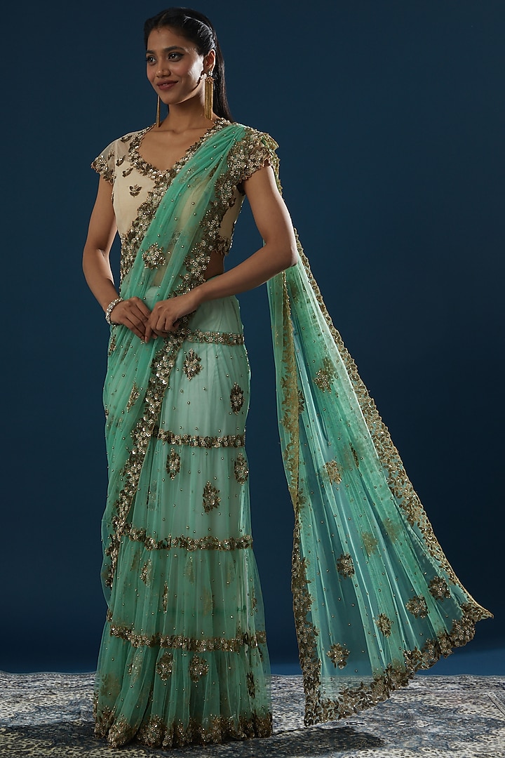Cyan Net Sequins Embroidered Lehenga Saree Set by Peppermint Diva