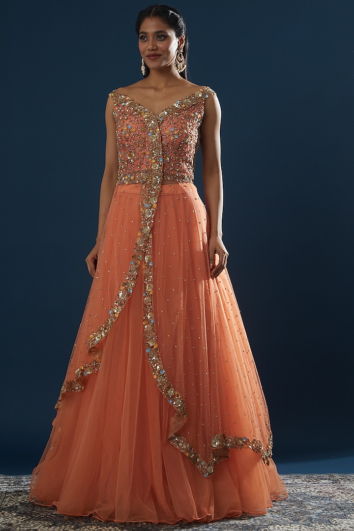 Peach Net Embroidered Lehenga Set by Peppermint Diva