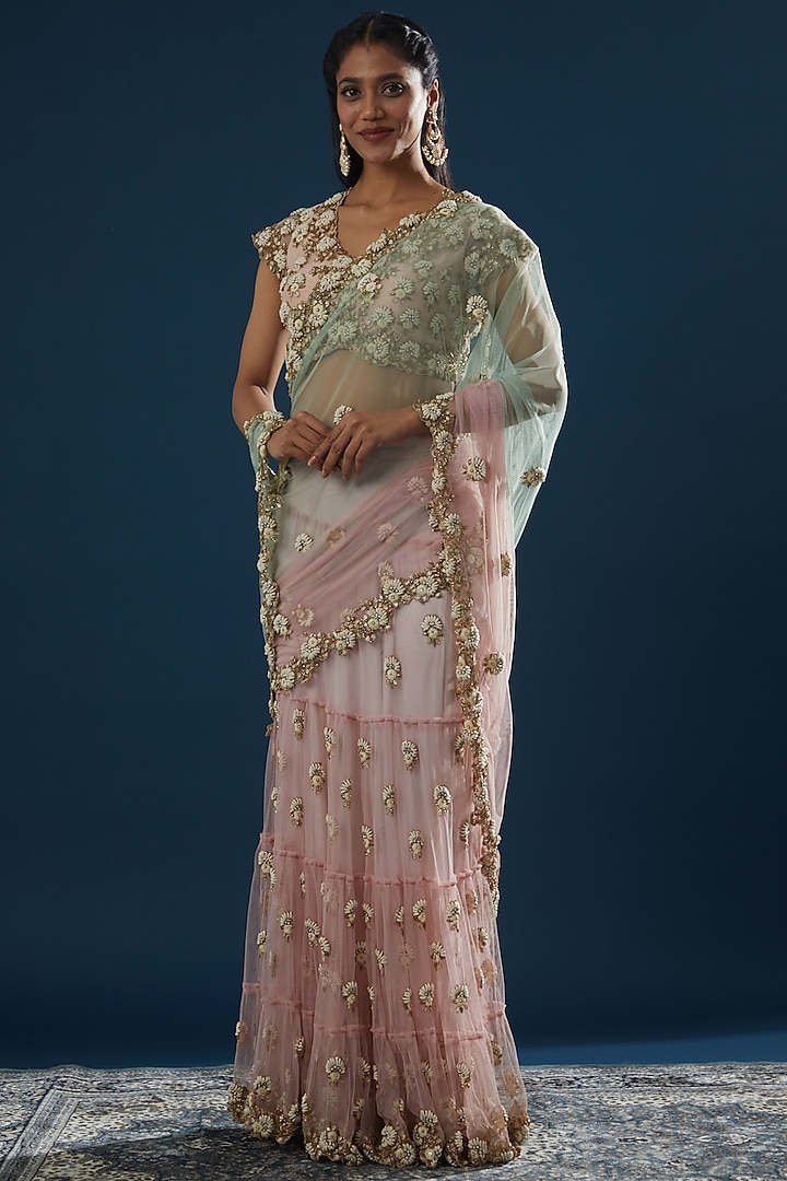 Blush Pink Net Applique Embroidered Lehenga Saree Set by Peppermint Diva