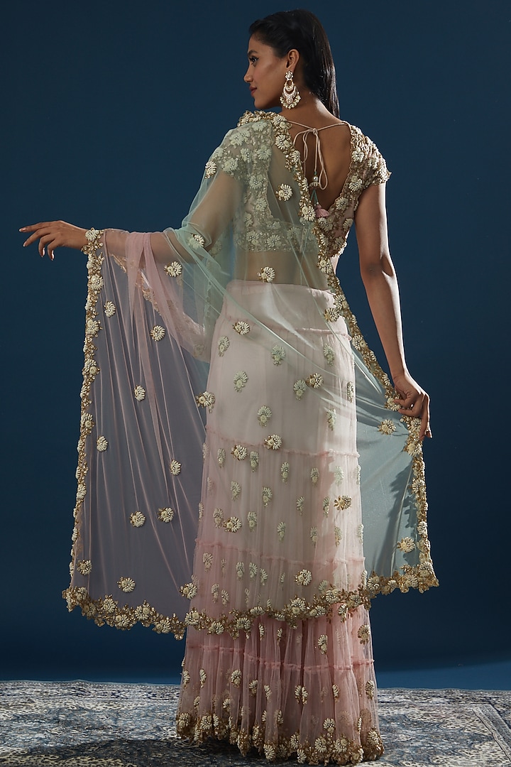 Blush Pink Net Applique Embroidered Wedding Lehenga Saree Set by Peppermint Diva at Pernia's Pop Up Shop