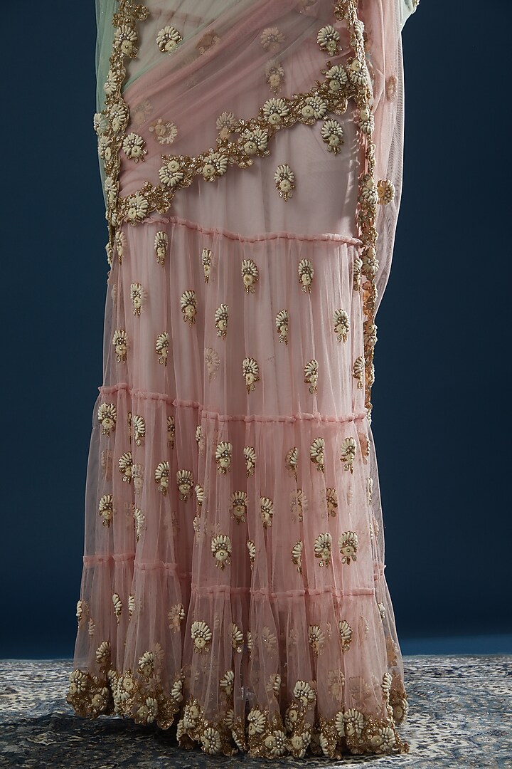 Blush Pink Net Applique Embroidered Wedding Lehenga Saree Set by Peppermint Diva at Pernia's Pop Up Shop