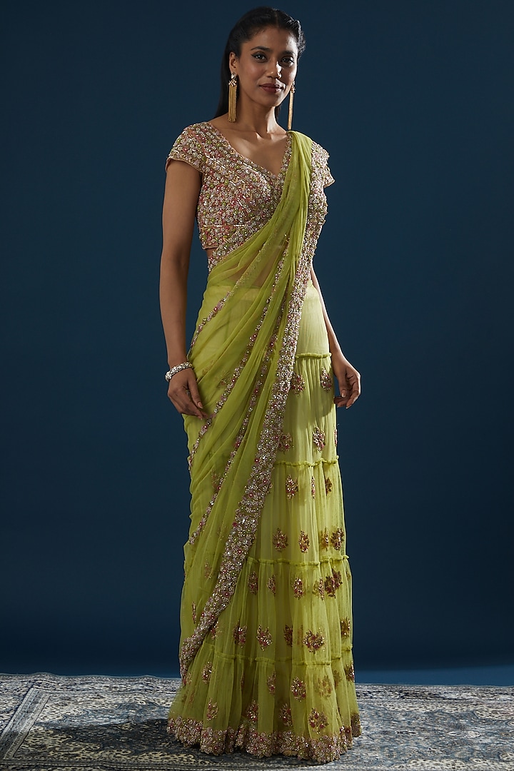 Lime Green Net Sequins Embroidered Lehenga Saree Set by Peppermint Diva