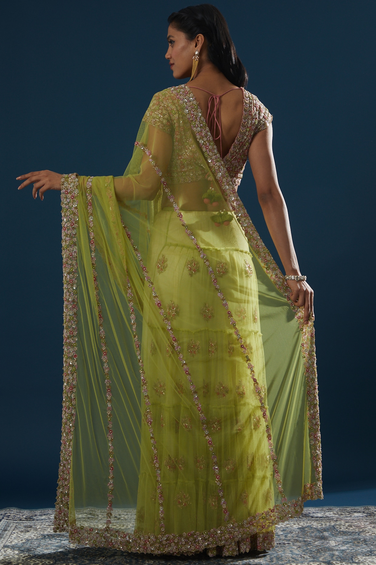 Sage Green Satin Silk Embroidered Lehenga Style Saree |SARV167167