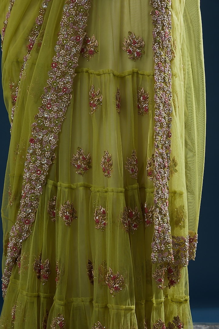 Lime Green Net Sequins Embroidered Wedding Lehenga Saree Set by Peppermint Diva at Pernia's Pop Up Shop
