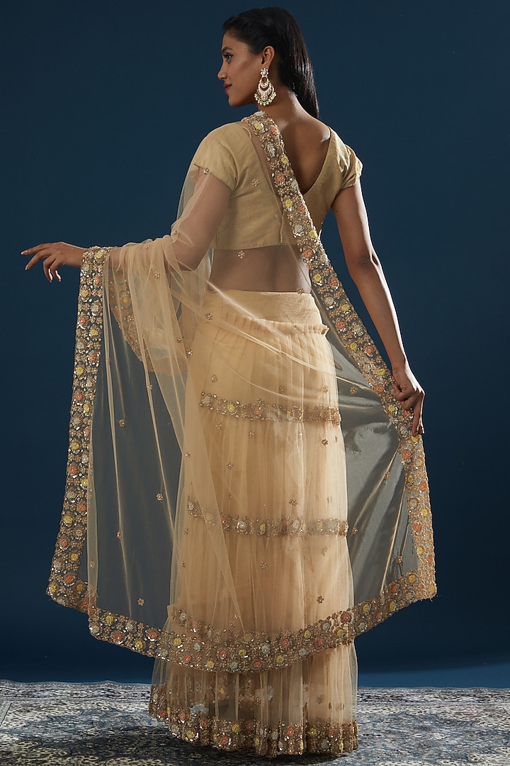 Peach Net Embroidered Wedding Saree Set by Peppermint Diva at Pernia's Pop Up Shop