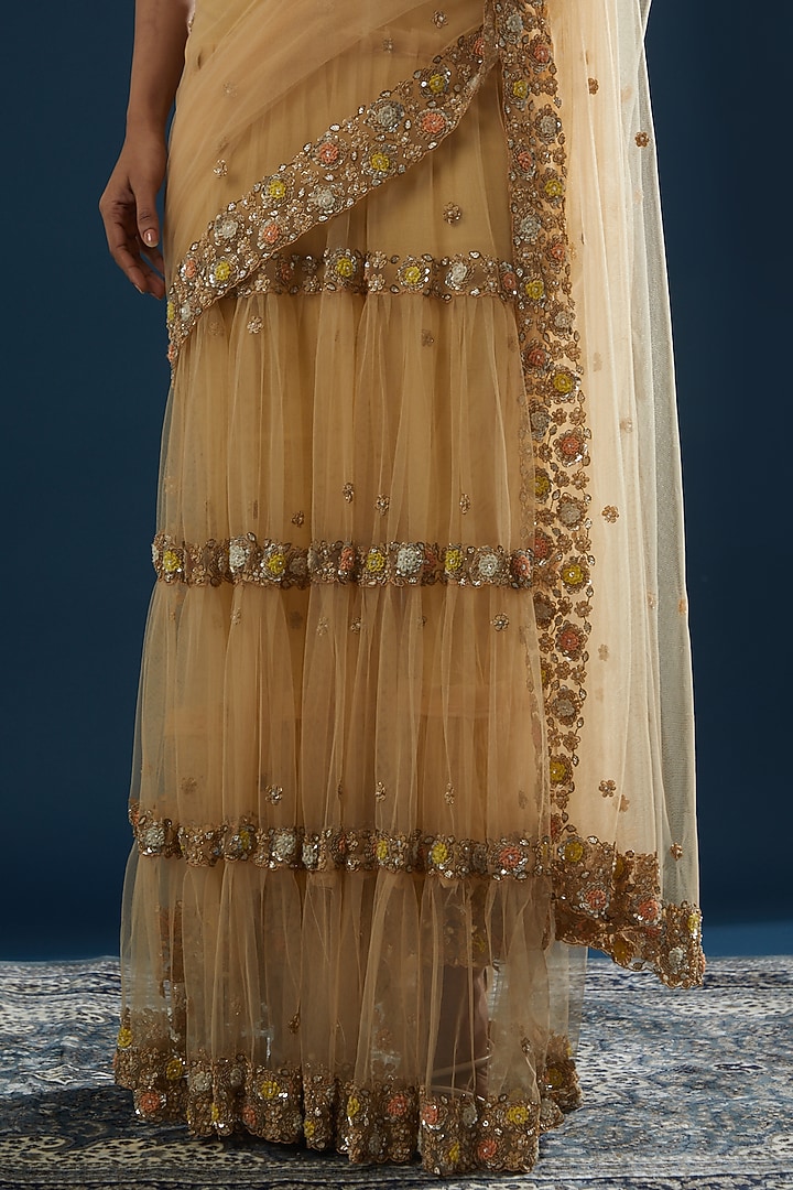 Peach Net Embroidered Wedding Saree Set by Peppermint Diva at Pernia's Pop Up Shop