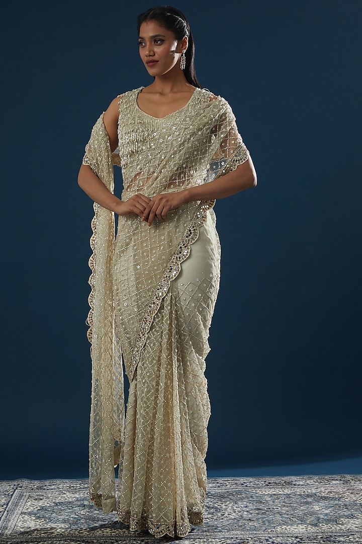 White Net Embroidered Saree Set by Peppermint Diva