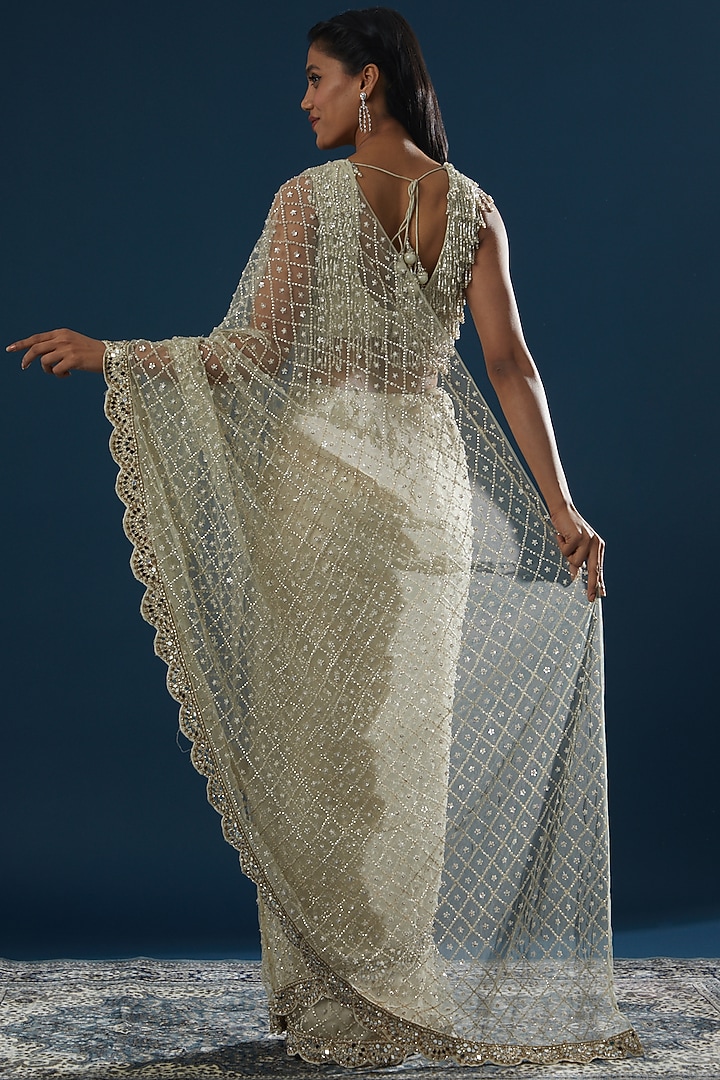 White Net Embroidered Wedding Saree Set by Peppermint Diva at Pernia's Pop Up Shop