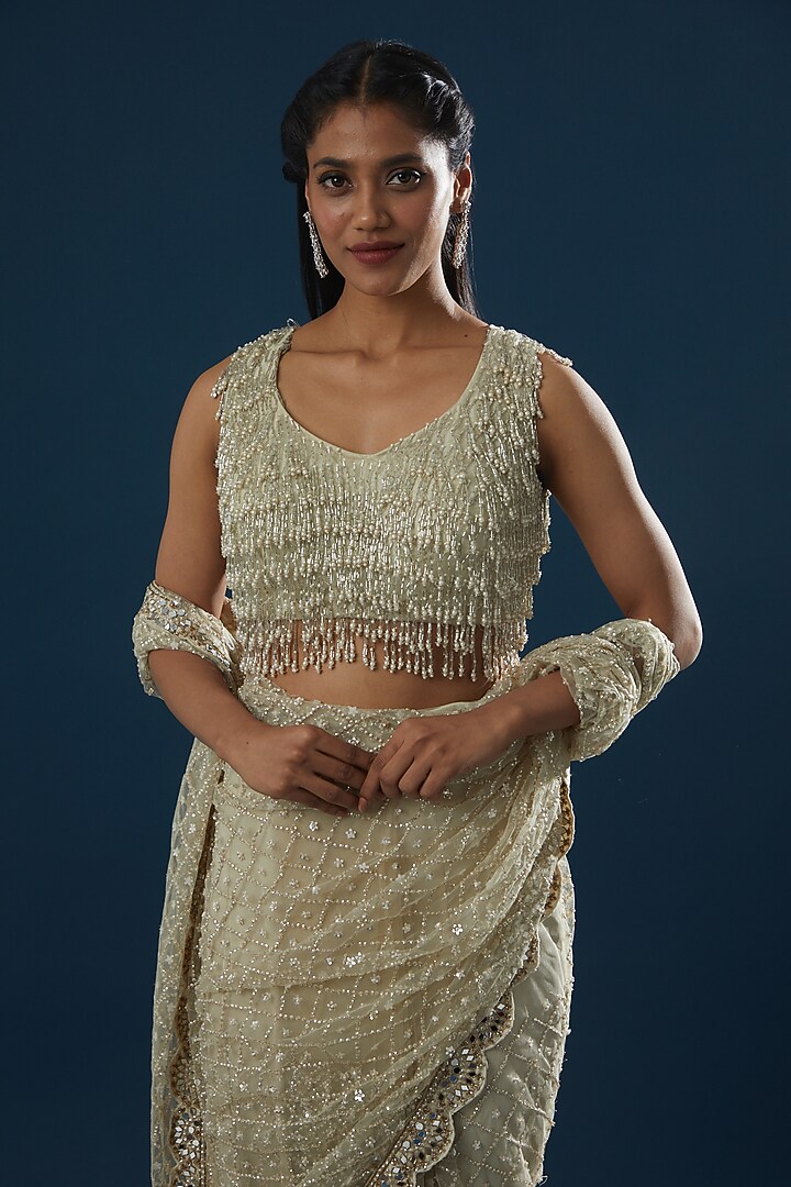 White Net Embroidered Wedding Saree Set by Peppermint Diva at Pernia's Pop Up Shop