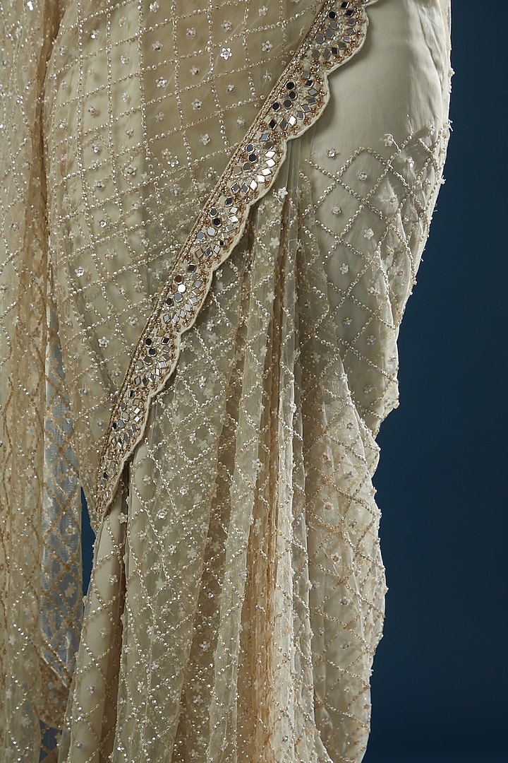 White Net Embroidered Wedding Saree Set by Peppermint Diva at Pernia's Pop Up Shop