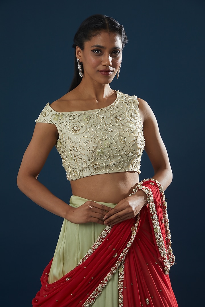 Mint Green Georgette Embroidered Wedding Lehenga Set by Peppermint Diva at Pernia's Pop Up Shop