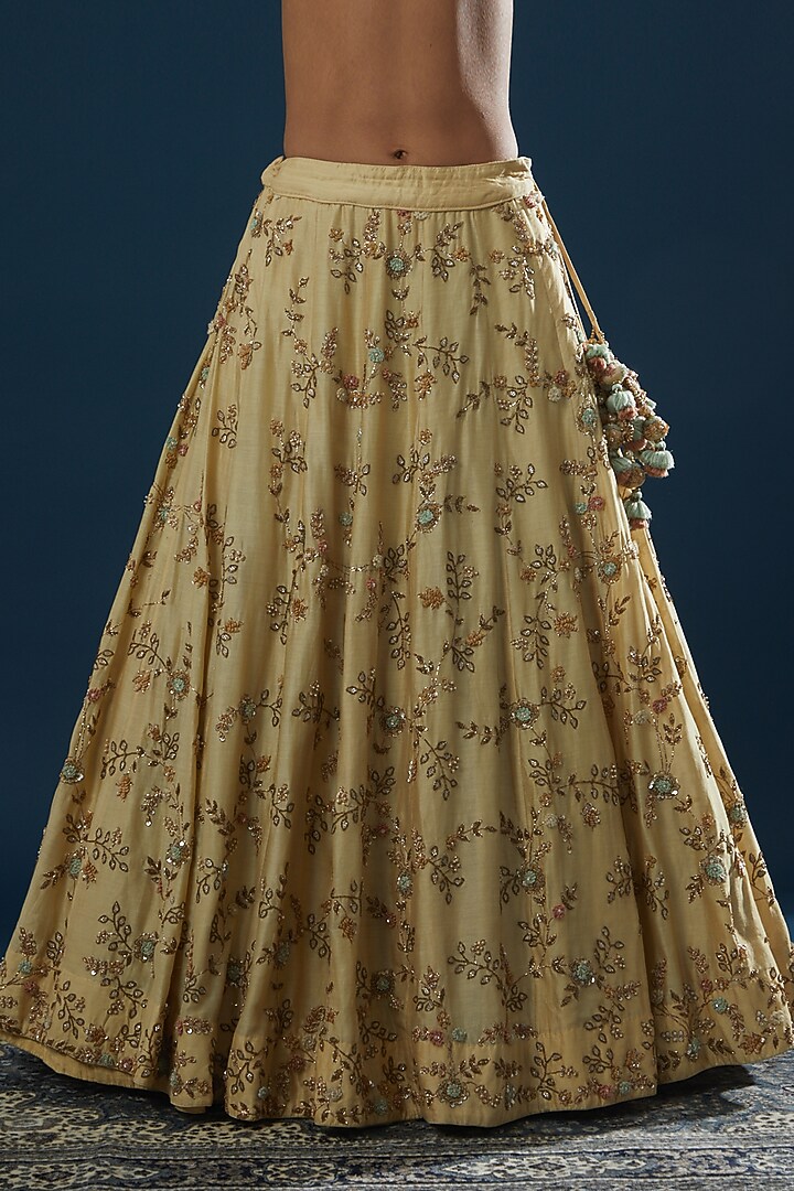 Cream Raw Silk Embroidered Wedding Lehenga Set by Peppermint Diva at Pernia's Pop Up Shop