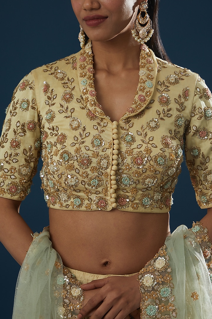 Cream Raw Silk Embroidered Wedding Lehenga Set by Peppermint Diva at Pernia's Pop Up Shop