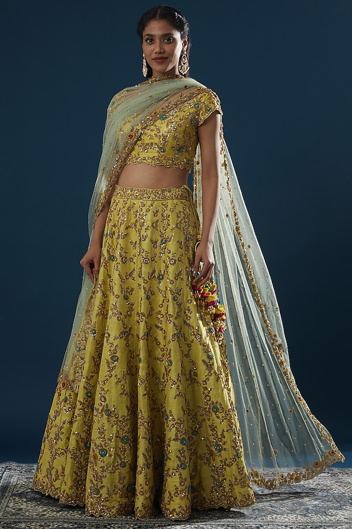 Yellow Raw Silk Embroidered Lehenga Set by Peppermint Diva
