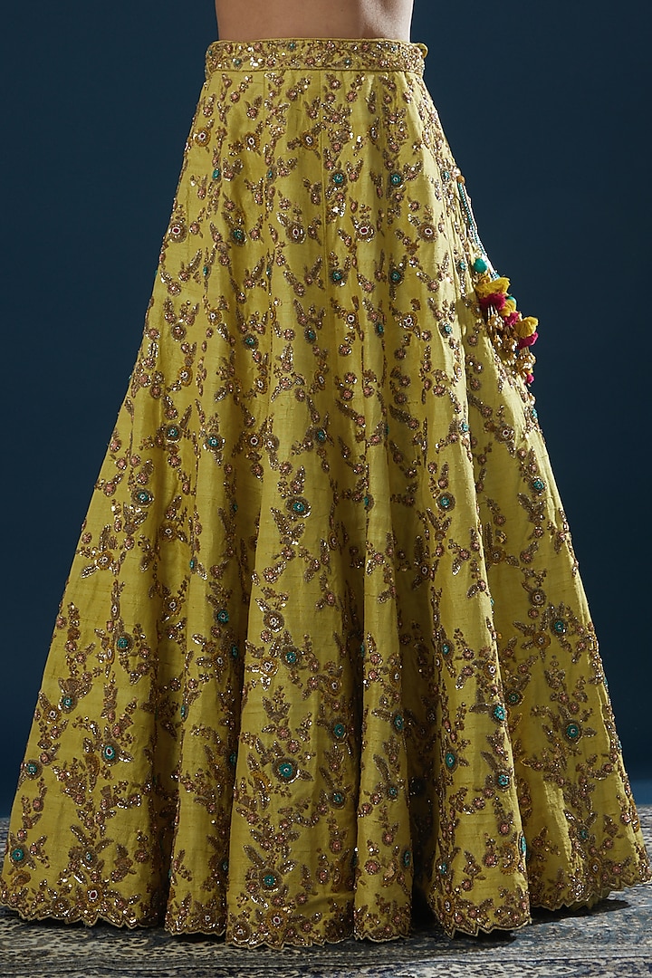 Yellow Raw Silk Embroidered Bridal Lehenga Set by Peppermint Diva at Pernia's Pop Up Shop