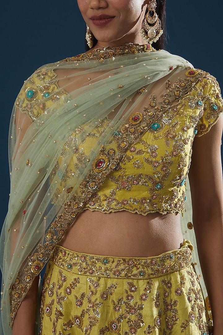 Yellow Raw Silk Embroidered Bridal Lehenga Set by Peppermint Diva at Pernia's Pop Up Shop