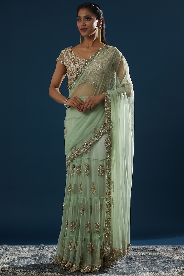 Mint Green Net Embroidered Lehenga Saree Set by Peppermint Diva