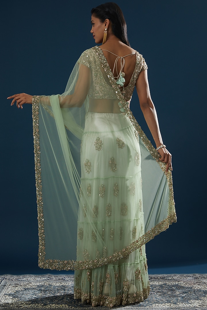 Mint Green Net Embroidered Wedding Lehenga Saree Set by Peppermint Diva at Pernia's Pop Up Shop