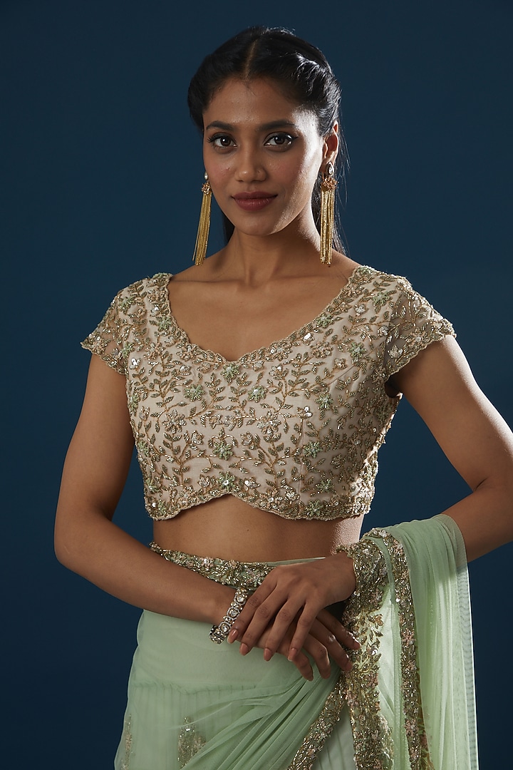 Mint Green Net Embroidered Wedding Lehenga Saree Set by Peppermint Diva at Pernia's Pop Up Shop
