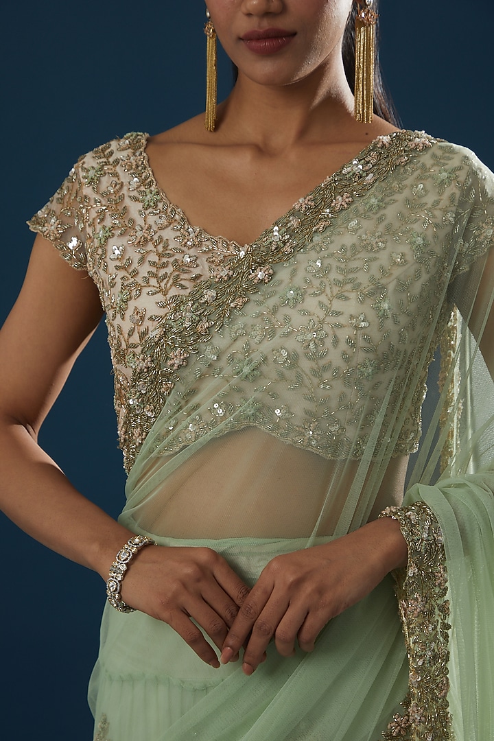 Mint Green Net Embroidered Wedding Lehenga Saree Set by Peppermint Diva at Pernia's Pop Up Shop