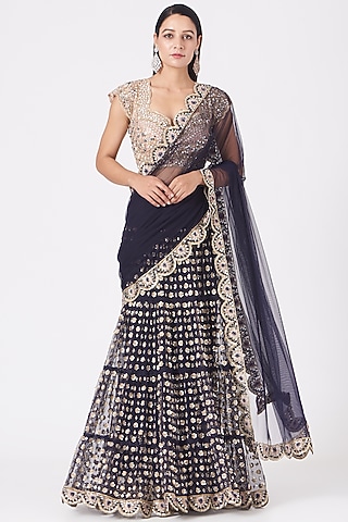 Midnight Blue Zardosi Embroidered Lehenga Saree Set by Peppermint Diva