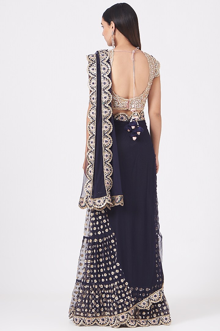 Midnight Blue Zardosi Embroidered Wedding Lehenga Saree Set by Peppermint Diva at Pernia's Pop Up Shop