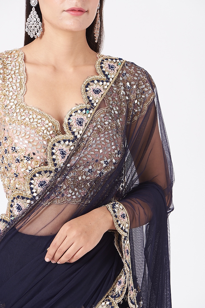 Midnight Blue Zardosi Embroidered Wedding Lehenga Saree Set by Peppermint Diva at Pernia's Pop Up Shop