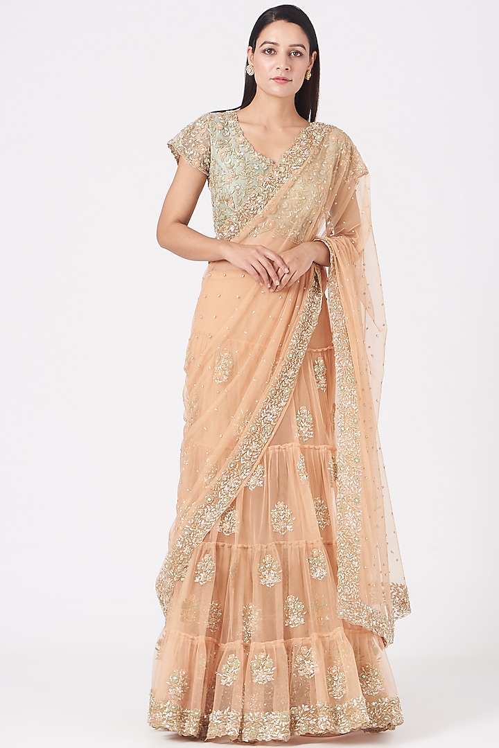 Peach Sequins Embroidered Lehenga Saree Set by Peppermint Diva