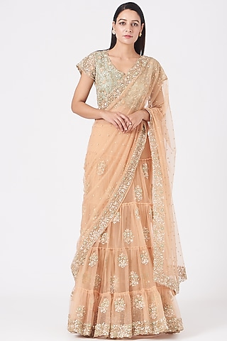 Peach Sequins Embroidered Lehenga Saree Set by Peppermint Diva