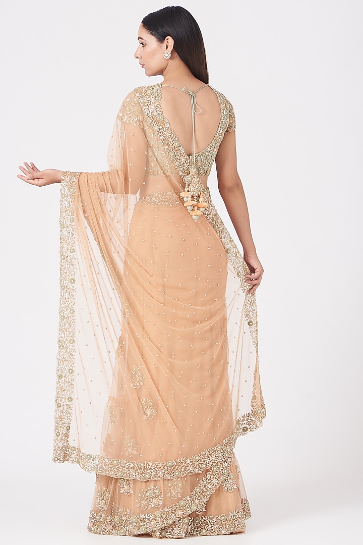 Peach Sequins Embroidered Wedding Lehenga Saree Set by Peppermint Diva at Pernia's Pop Up Shop